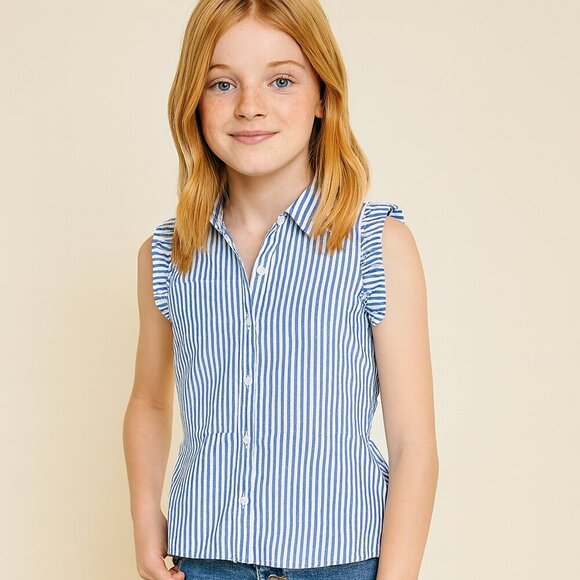 NWOT HAYDEN Girls Blue Stripe Sleeveless Button Top (M) - Picture 1 of 10